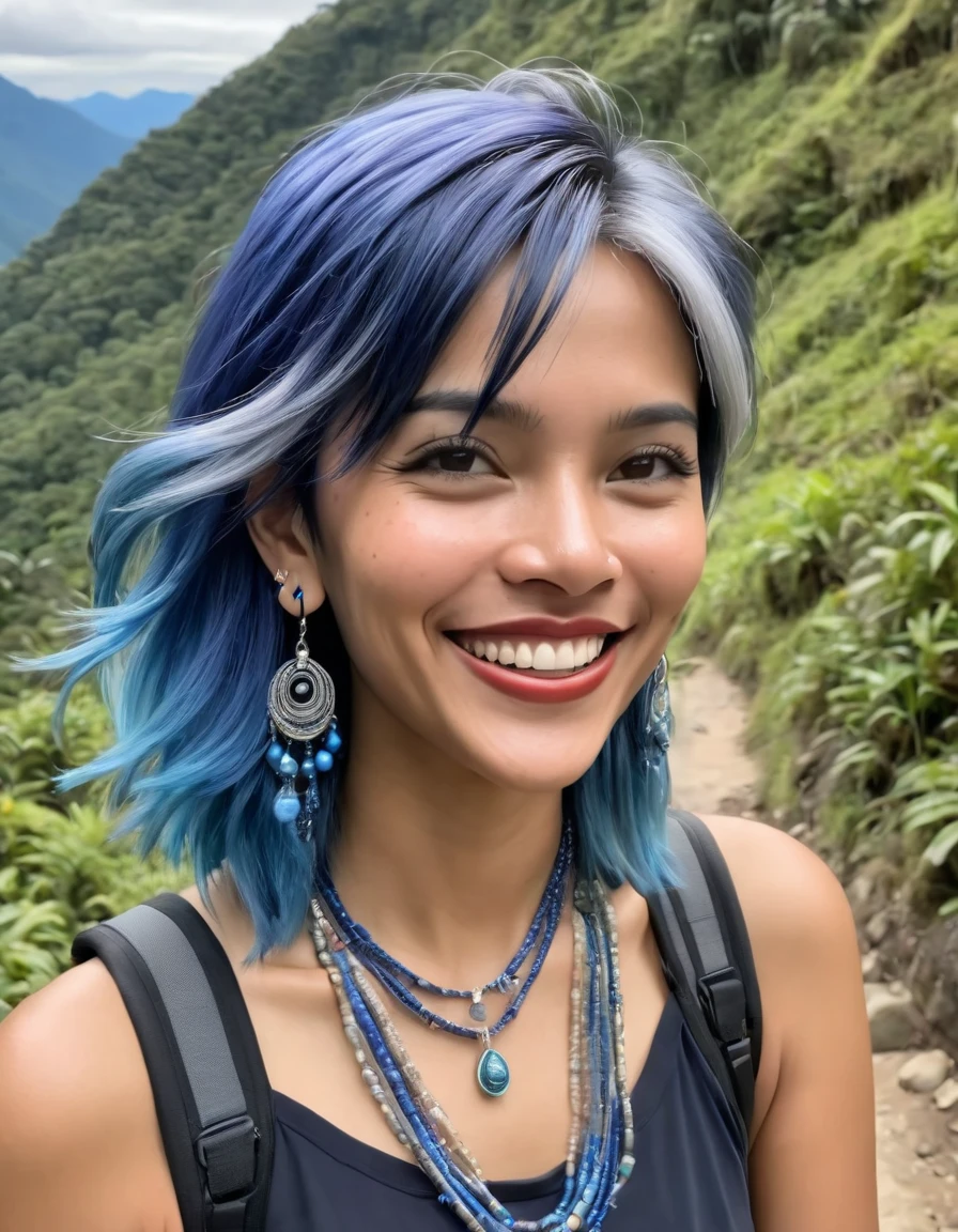 Allied Purugganan, sporting her distinctive blue-toned hair, embarked on an exciting solo adventure along a breathtaking hiking trail, as she paused to look directly into the camera with an infectious smile adorned by earrings and necklace, capturing both the picturesque landscape and his infectious zest for life. 