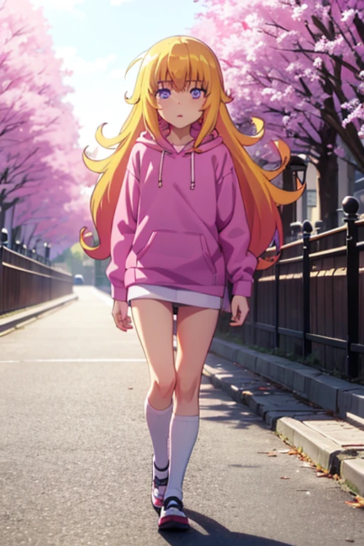 Gabriel white Tenma, long blonde hair, indigo eyes, pink hoodie, walking in the park