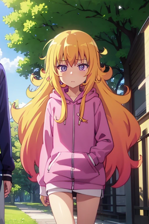 Gabriel white Tenma, long blonde hair, indigo eyes, pink hoodie, walking in the park