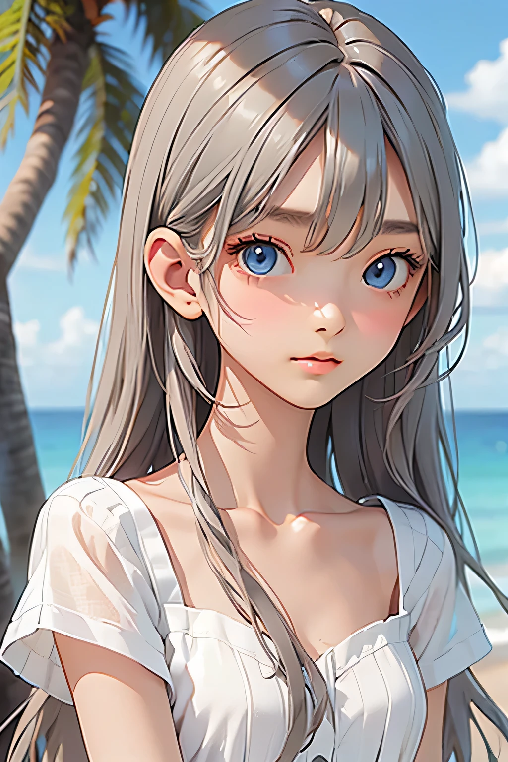 highest quality、Realistic、girl、Silver Hair、Light blue eyes、Long Hair、White dress、Tanned dark skin、Tan Skin、Brown black skin、Chubby、Ocean、Bust Shot