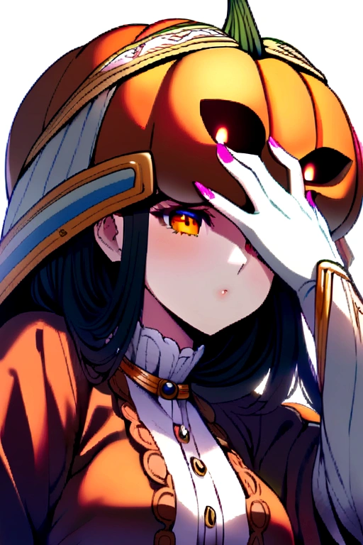 one holding a pumpkin to the head of her face, girl with huge