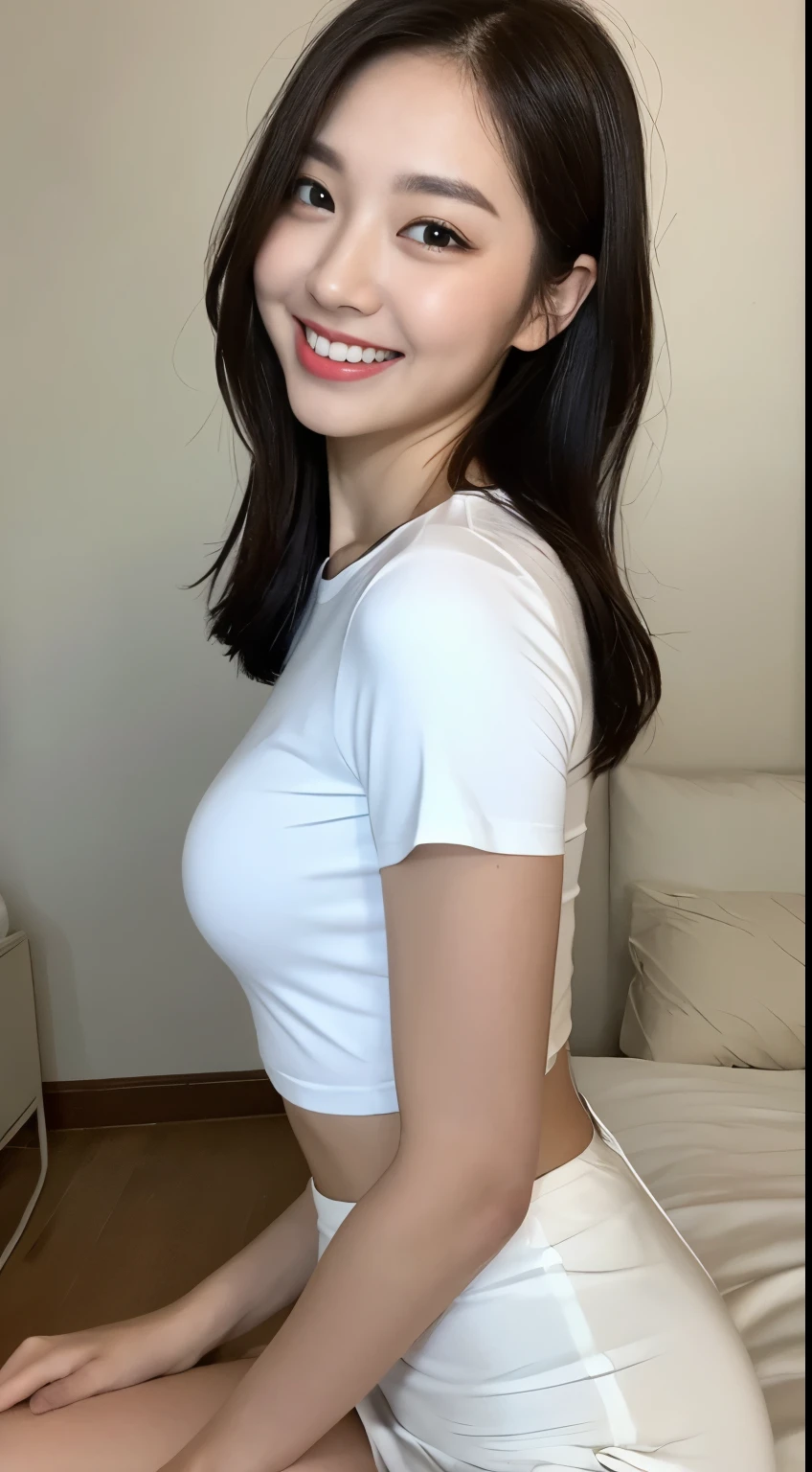White tight shirt、White tight skinny mini skirt、bed、smile、Short sleeve、high resolution、Korean idol face、double eyelid、White teeth、Medium Hair