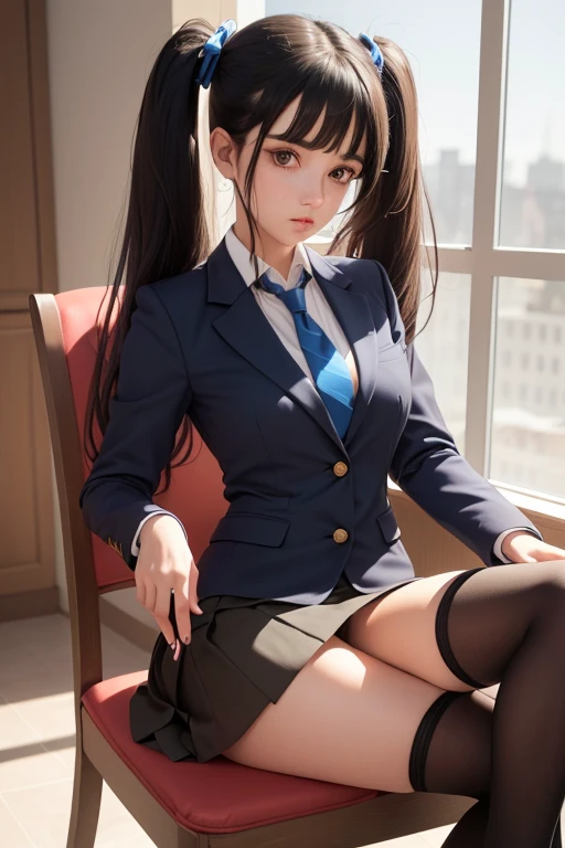 A girl in a private university uniform, with black hair and brown eyes, wearing a blue blazer with buttons, a tie, and a tight skirt followed by knee socks. She has long hair in twintails, hair rings, and is looking at the viewer in an expressive, seductive manner, with her left leg on a chair as she examines her stocking in a plein-air setting.
(best quality, hyper realistic, mh-yk, 1 girl, alone, black hair, brown eyes, long hair, wearing private university uniform, blue blazer style with buttons, tie and tight skirt followed by knee socks, twintails, hair rings, looking at viewer, Anatomy club scene, expressive scene, with left leg on a chair, examining her stocking, quite seductive)