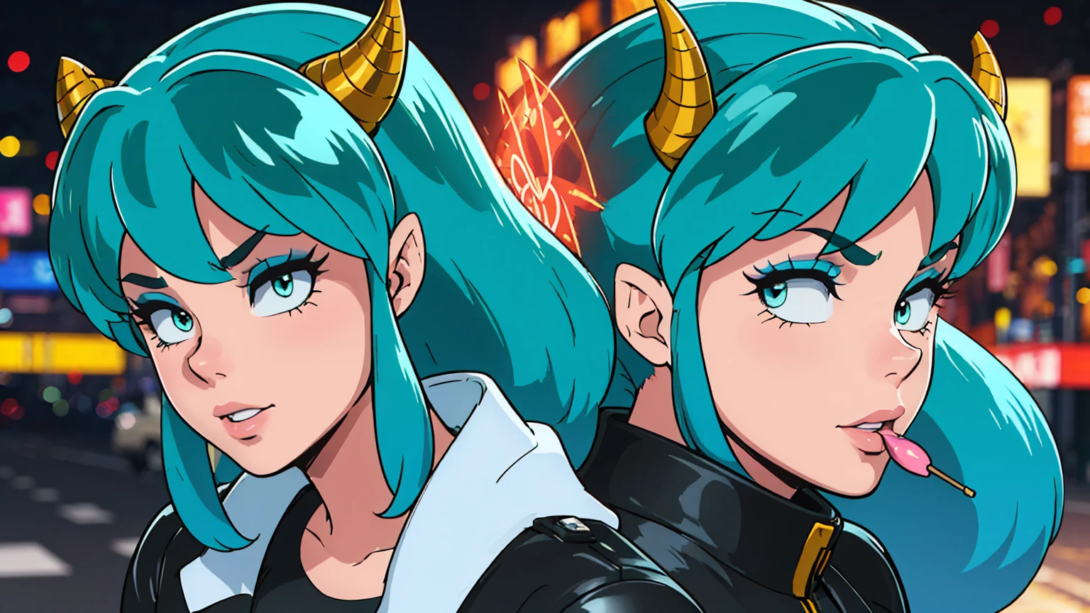 (score_9, score_8_up, score_7_up), 1girl, solo, lum, long hair, bangs, blue hair, blue eyes, aqua hair, tiny horns, eyeshadow, large breasts, looking at viewer, blush, a person riding a motorcycle, no helmet, leather jacket, hair blowing in the wind, on an overpass, neon city lights, left hand on the handlebar, right hand holding a lollipop, (best quality,4k,8k,highres,masterpiece:1.2),ultra-detailed,detailed face and eyes, highly detailed, cinematic lighting, vibrant colors, dramatic atmosphere, motion blur, depth of field, a girl licking a lollipop, pleasure on her face, bliss, mischievous smirk, intricate detailed facial features, high quality, 8k, beautiful detailed eyes, beautiful detailed lips, extremely detailed face, long eyelashes, vibrant colors, warm lighting, cinematic composition, dreamy atmosphere, fantasy, whimsical, magical realism, close up motorcycle, from side,