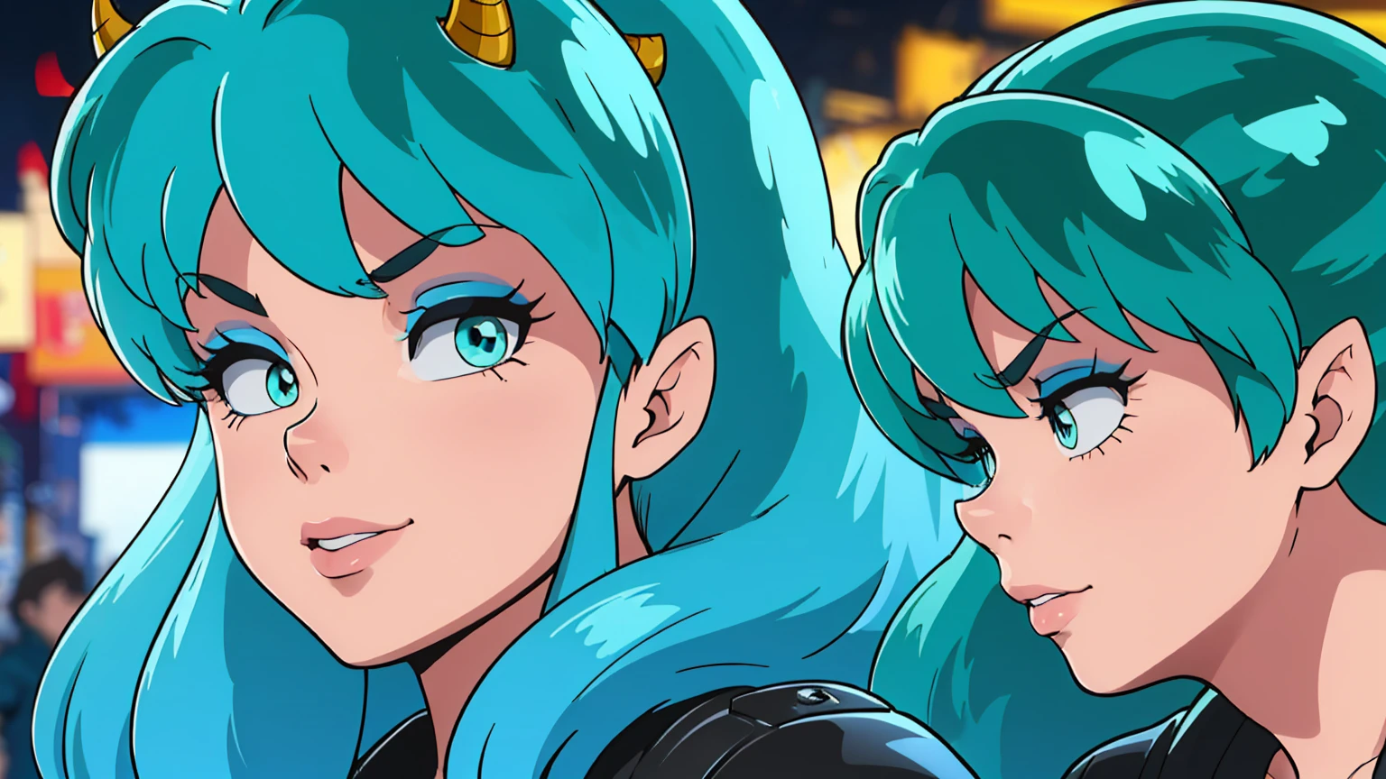 (score_9, score_8_up, score_7_up), 1girl, solo, lum, long hair, bangs, blue hair, blue eyes, aqua hair, tiny horns, eyeshadow, large breasts, looking at viewer, blush, a person riding a motorcycle, no helmet, leather jacket, hair blowing in the wind, on an overpass, neon city lights, left hand on the handlebar, right hand holding a lollipop, (best quality,4k,8k,highres,masterpiece:1.2),ultra-detailed,detailed face and eyes, highly detailed, cinematic lighting, vibrant colors, dramatic atmosphere, motion blur, depth of field, a girl licking a lollipop, pleasure on her face, bliss, mischievous smirk, intricate detailed facial features, high quality, 8k, beautiful detailed eyes, beautiful detailed lips, extremely detailed face, long eyelashes, vibrant colors, warm lighting, cinematic composition, dreamy atmosphere, fantasy, whimsical, magical realism, close up motorcycle, from side,