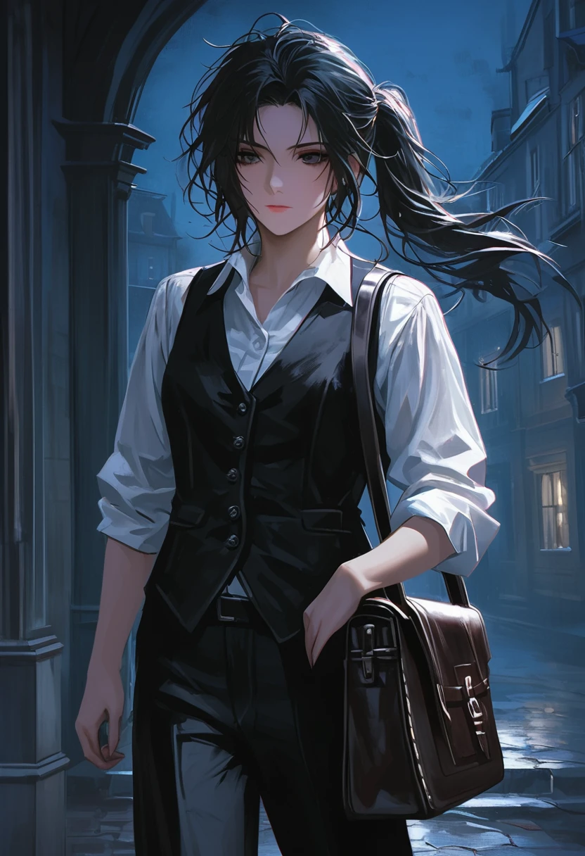 ((adult)), (woman), ((tall)), Ryoshu from Limbus company , masterpiece, best quality, dark aura, black hair, ((pony tail hair)), (messy hair) , ringed dark eyes, plain white shirt, white shirt, black vest, coat, black pants, carrying a robust leather bag, (faint smile), realistic anime style, (oil painting), dark old manor background, night, impasto.