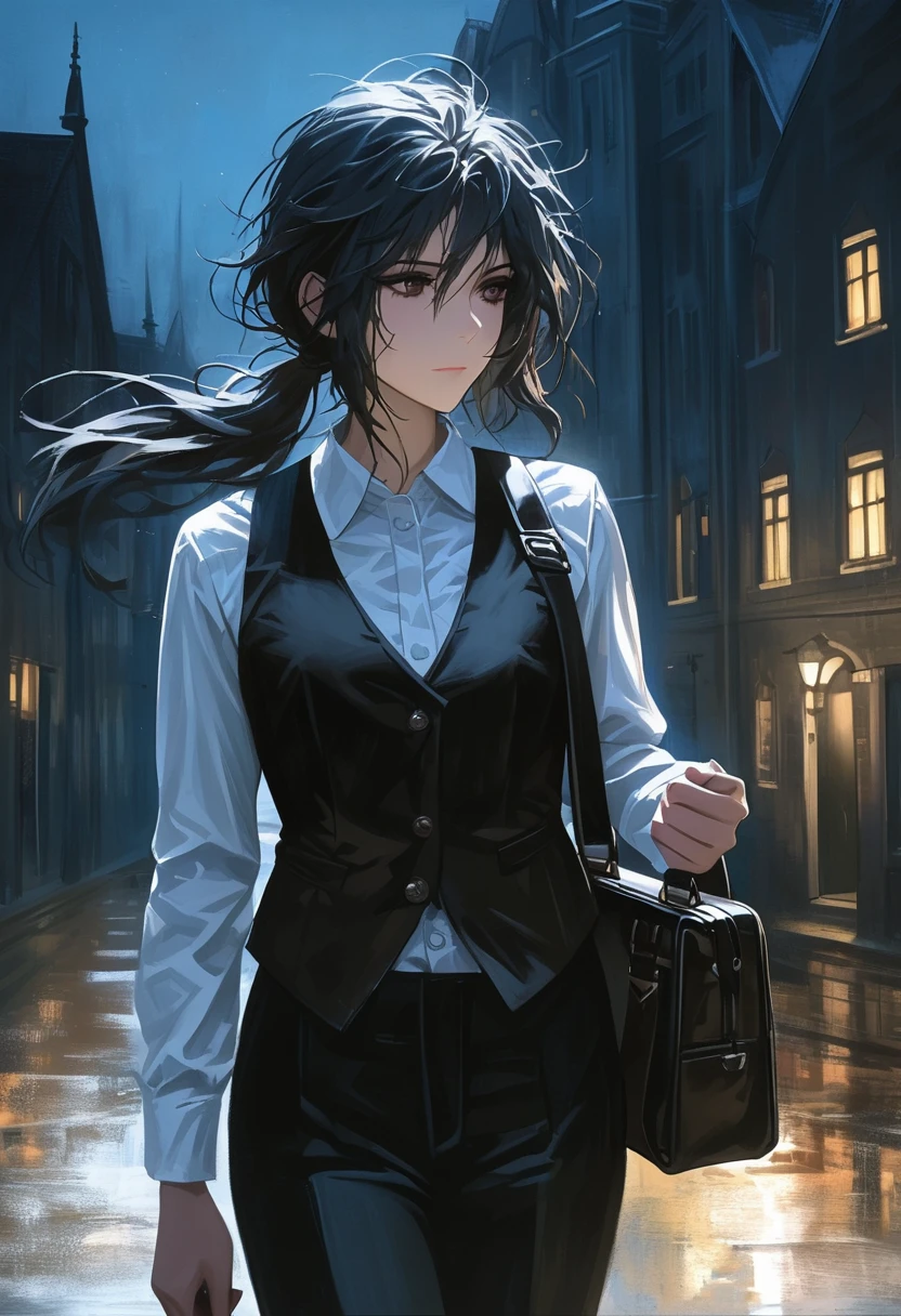 ((adult)), (woman), ((tall)), Ryoshu from Limbus company , masterpiece, best quality, dark aura, black hair, ((pony tail hair)), (messy hair) , ringed dark eyes, plain white shirt, white shirt, black vest, coat, black pants, carrying a robust leather bag, (faint smile), realistic anime style, (oil painting), dark old manor background, night, impasto.
