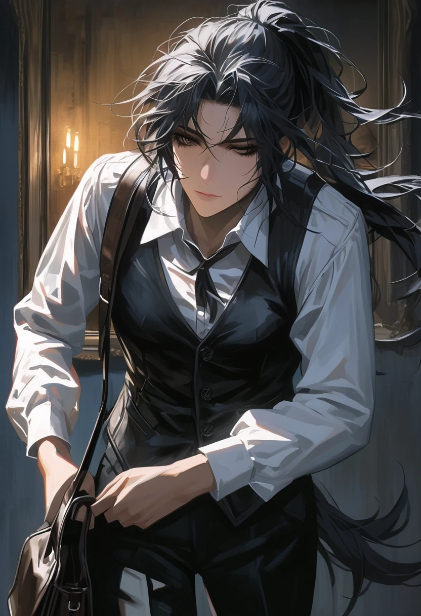 ((adult)), (woman), ((tall)), Ryoshu from Limbus company , masterpiece, best quality, dark aura, black hair, ((pony tail hair)), (messy hair) , ringed dark eyes, plain white shirt, white shirt, black vest, coat, black pants, carrying a robust leather bag, (faint smile), realistic anime style, (oil painting), dark old manor background, night, impasto.
