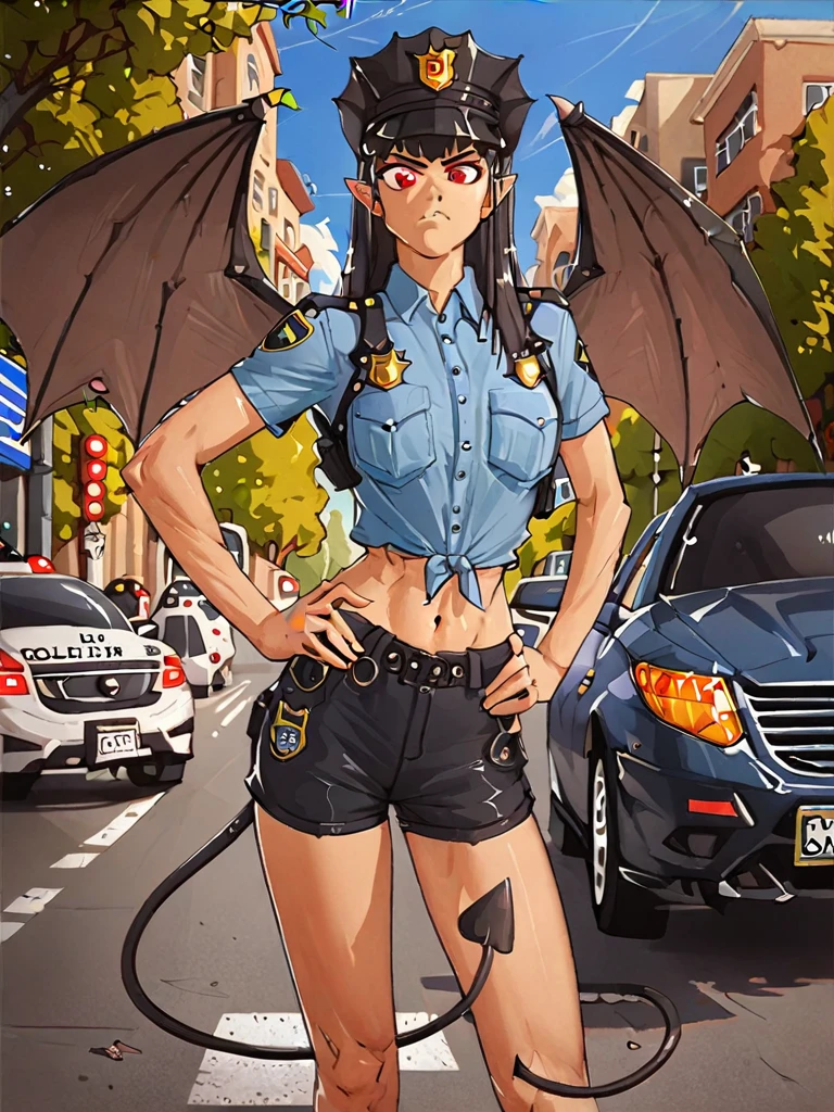 score_5_up, score_6_up, score_7_up, score_8_up, score_9_up, 1girl, solo, mgqeva, standing, hand on hip, pointing at viewer, wearing (police uniform, shorts, cop hat), demon wings, demon tail, outdoors, traffic, cars, angry
