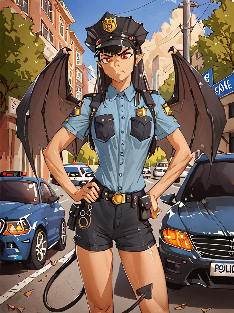 score_5_up, score_6_up, score_7_up, score_8_up, score_9_up, 1girl, solo, mgqeva, standing, hand on hip, pointing at viewer, wearing (police uniform, shorts, cop hat), demon wings, demon tail, outdoors, traffic, cars, angry
