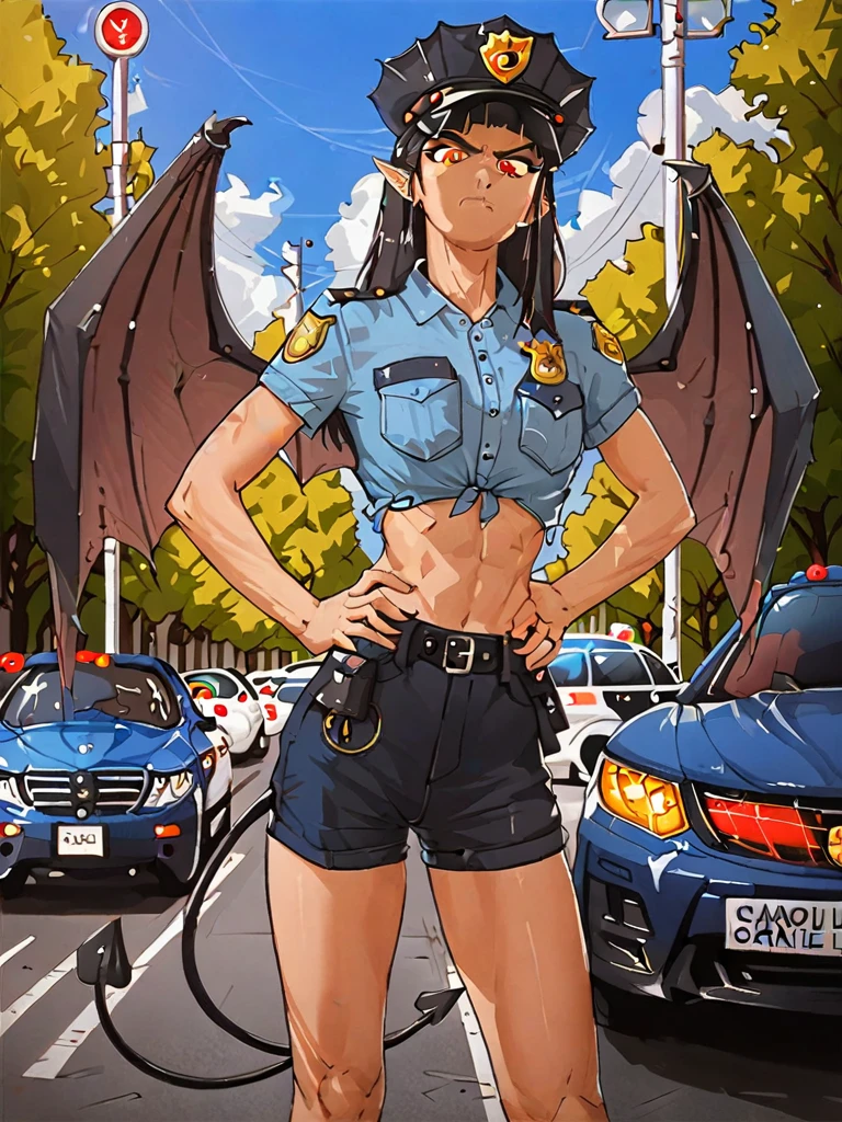 score_5_up, score_6_up, score_7_up, score_8_up, score_9_up, 1girl, solo, mgqeva, standing, hand on hip, pointing at viewer, wearing (police uniform, shorts, cop hat), demon wings, demon tail, outdoors, traffic, cars, angry
