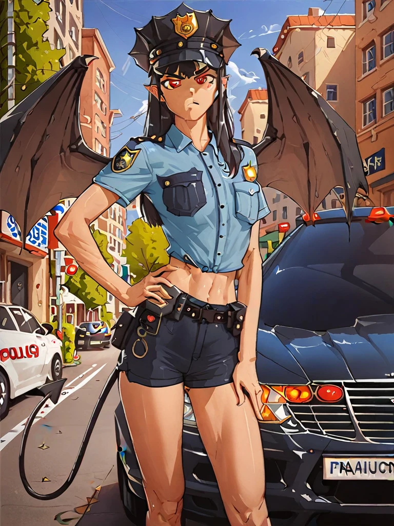 score_5_up, score_6_up, score_7_up, score_8_up, score_9_up, 1girl, solo, mgqeva, standing, hand on hip, pointing at viewer, wearing (police uniform, shorts, cop hat), demon wings, demon tail, outdoors, traffic, cars, angry
