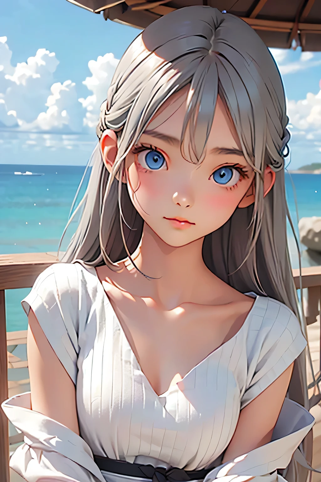 highest quality、Realistic、girl、Silver Hair、Light blue eyes、Long Hair、White dress、Tanned dark skin、Tan Skin、Brown black skin、slender、Ocean、Bust Shot