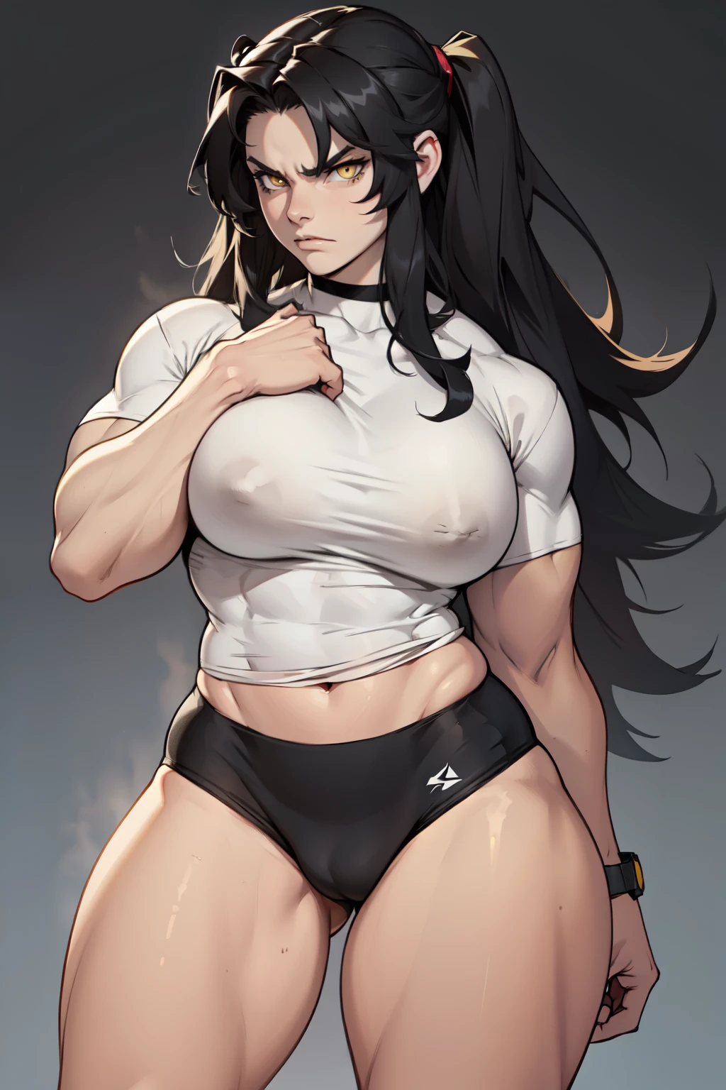 ((1girl)) pale skin large breasts (muscular) toned body thick thighs black hair yellow eyes (long hair grey background) bodybuilder angry tight shirt