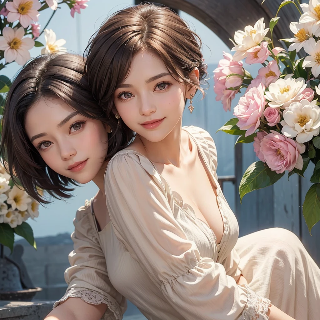 A lady, very short hair, with the parting of the hair to the side, It is brown with some white gray hair., Brown eyes, smiling, has a maternal aura, He is of medium build, she has a blouse with flowers, close up image for profile photo
