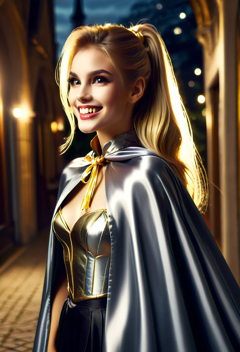Vampyfangs1,(RAW photo) , 1girl, cute, 20 years old, long blonde hair in ponytail, smiling, look at viewer, ((((silver and gold lined satin cape tied at the neck)))+++, side spilt skirt , photo, realistic, best quality, hires, detailed face, detailed background, diffused lighting, depth of field, bokeh