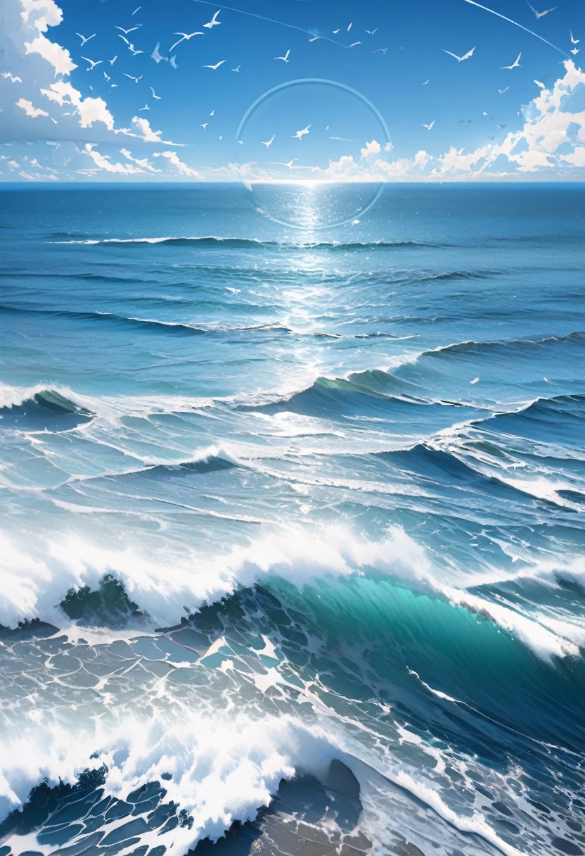 blue, blue sky, horizon, high altitude, High in the sky, A white line stretches to the sky,Blue sky,White Cloud,birds in the distance,Large target,Waves,Coastline、Broad image,Vision