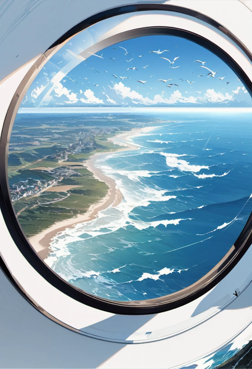 blue, blue sky, horizon, high altitude, High in the sky, A white line stretches to the sky,Blue sky,White Cloud,birds in the distance,Large target,Waves,Coastline、Broad image,Vision