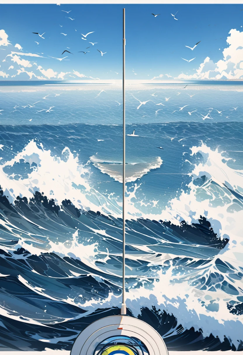 blue, blue sky, horizon, high altitude, High in the sky, A white line stretches to the sky,Blue sky,White Cloud,birds in the distance,Large target,Waves,Coastline、Broad image,Vision