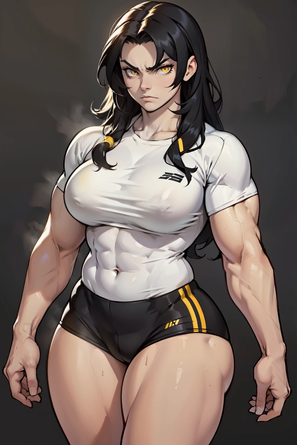 ((1girl)) pale skin large breasts (muscular) toned body thick thighs black hair yellow eyes (long hair grey background) bodybuilder angry tight shirt