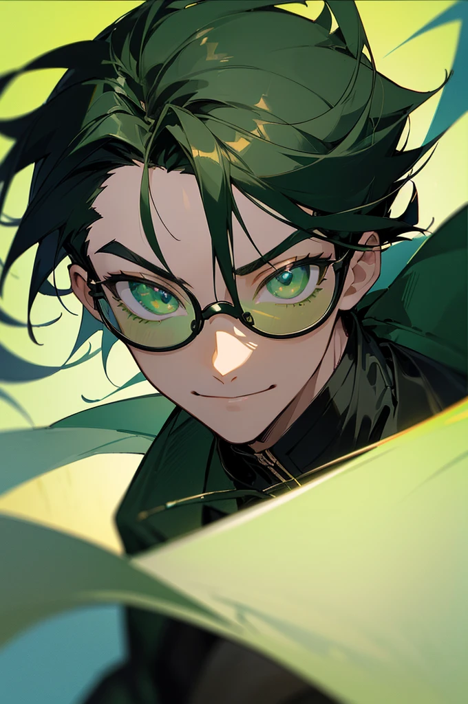 (masterpiece, best quality, perfect face, expressive eyes), 1boy, (anime), (male), (adult), (black hair), green gradient hair, green eyes, black jacket, (green tainted glasses), black gloves. upper body, smiling face, camera points towards them, sunshine on the person, street in background