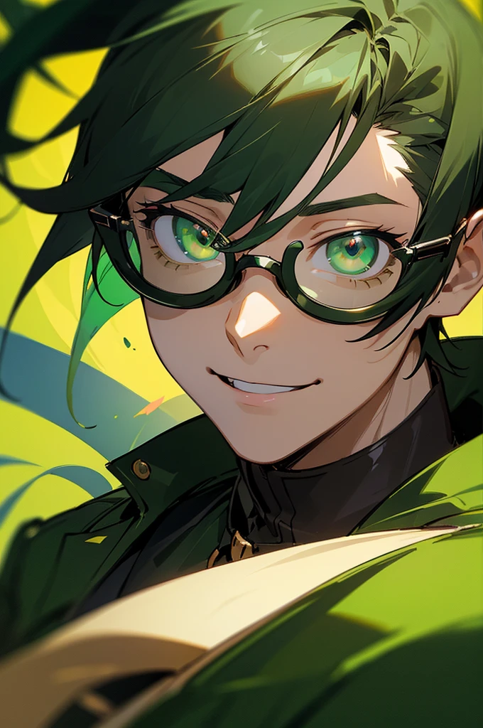(masterpiece, best quality, perfect face, expressive eyes), 1boy, (anime), (male), (adult), (black hair), green gradient hair, green eyes, black jacket, (green tainted glasses), black gloves. upper body, smiling face, camera points towards them, sunshine on the person, street in background
