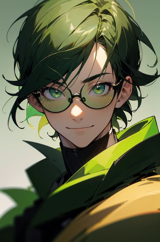 (masterpiece, best quality, perfect face, expressive eyes), 1boy, (anime), (male), (adult), (black hair), green gradient hair, green eyes, black jacket, (green tainted glasses), black gloves. upper body, smiling face, camera points towards them, sunshine on the person, street in background