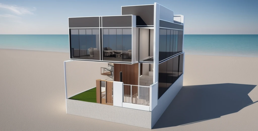 a rendering of&#39;a house with a staircase and a balcony, 3/4 views realistic, Front view, concept architectural, 3D rendering, 3D rendering, sketch - up, 3/4 views, 3 / 4 views, 3D model rendered, front perspective, Detailed rendering, front side view, complete house, 3/4 views from below