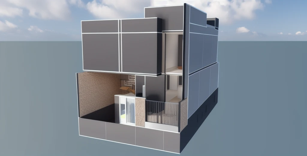 a rendering of&#39;a house with a staircase and a balcony, 3/4 views realistic, Front view, concept architectural, 3D rendering, 3D rendering, sketch - up, 3/4 views, 3 / 4 views, 3D model rendered, front perspective, Detailed rendering, front side view, complete house, 3/4 views from below