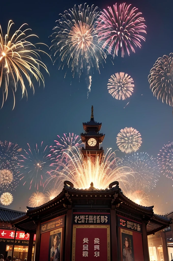 A large festival combining various festivals々Events such as。In a realistic style、Excited person々Ornate food stalls、Beautiful fireworks are depicted。The venue was lively、Many people々are smiling and having fun。