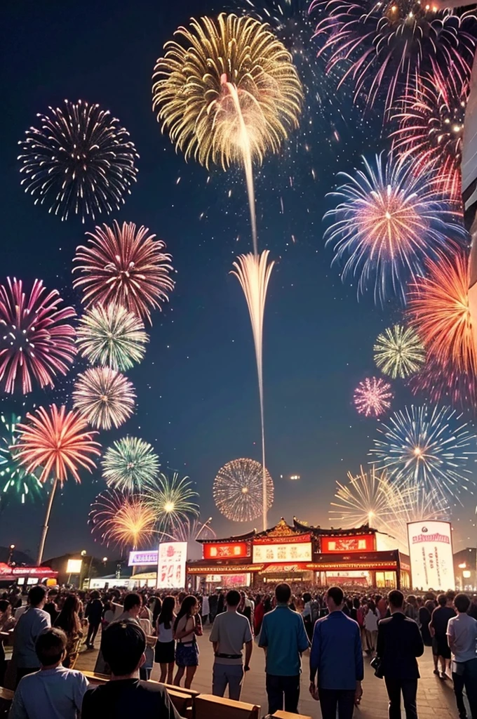 A large festival combining various festivals々Events such as。In a realistic style、Excited person々Ornate food stalls、Beautiful fireworks are depicted。The venue was lively、Many people々are smiling and having fun。