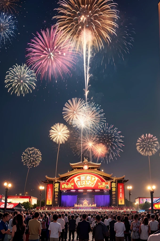 A large festival combining various festivals々Events such as。In a realistic style、Excited person々Ornate food stalls、Beautiful fireworks are depicted。The venue was lively、Many people々are smiling and having fun。