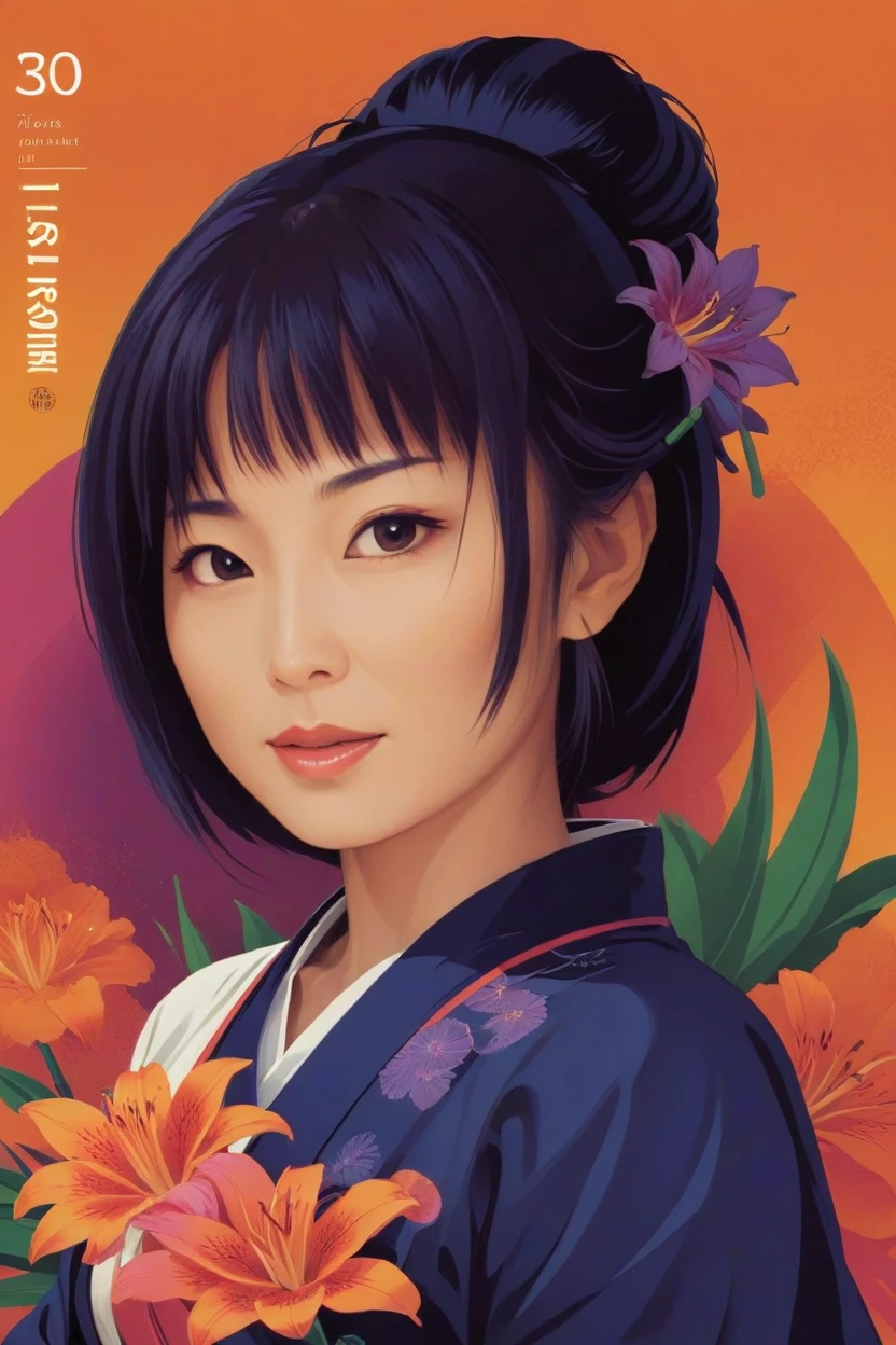 concept poster a 30 years jAPANESE WOman, full body portrait at amazon lily . digital artwork by tom whalen, bold lines, vibrant, saturated colors, detailed face,ceo