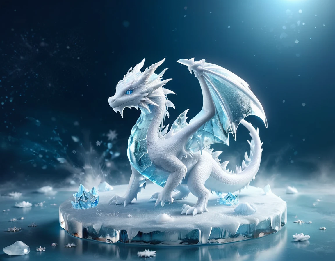 absurdres, highres, ultra detailed, HDR, master piece, best quality, small white dragon, cute, solo, magic, ice flowers, snowflakes, ice, magical, fantasy, glass, ice moon, starry sky, ice style