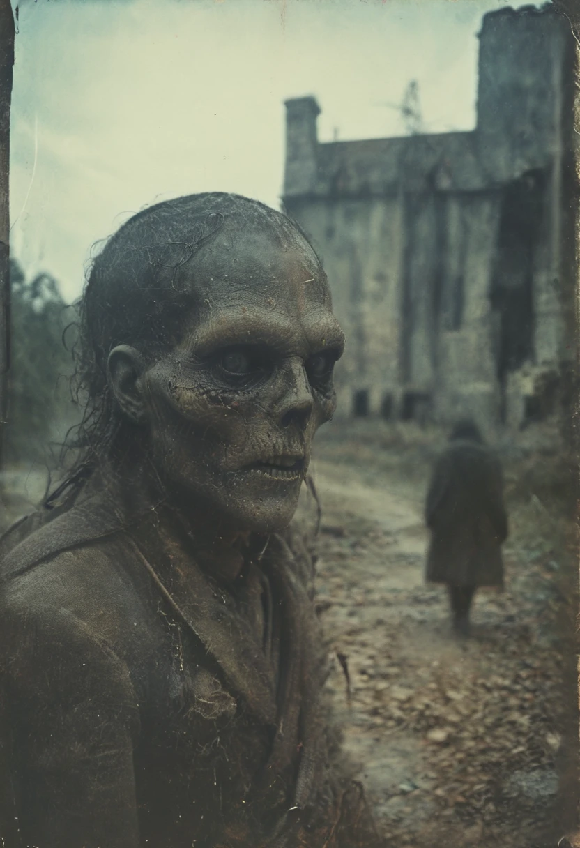side-view, perspective, grainy, polaroid, 35mm vintage, super realistic old photo, old camera, heavy shading, eerie, horror, civilization suppressed by monsters, lovecraft, cthulu, Baldur's gate