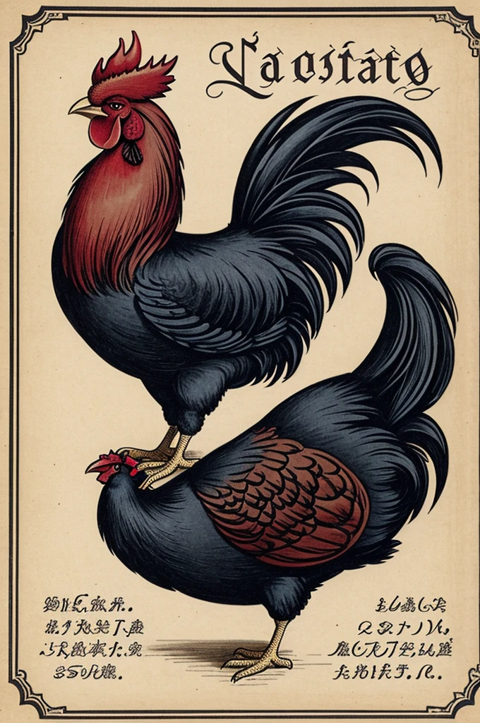 Draw the letter NARAGATA with a gothic font and in the background place an attractive rooster for sale and advertising. 
