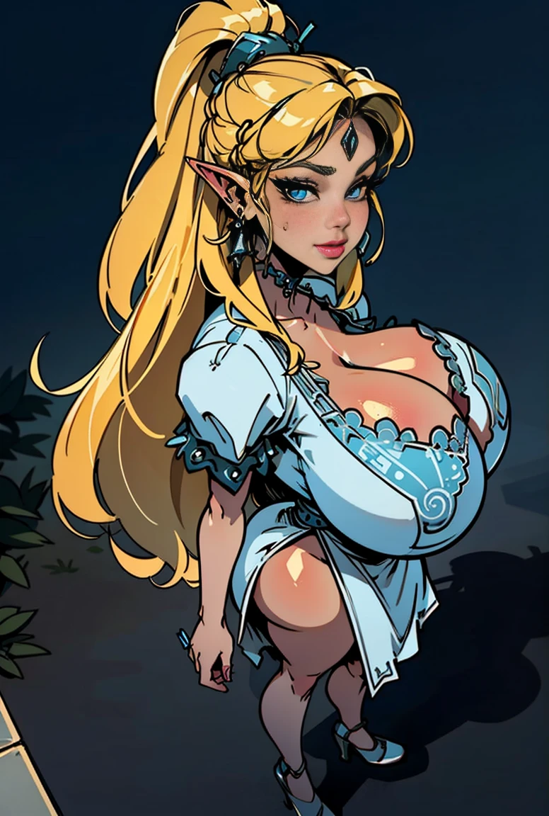 A Mature Woman with long hair in blue and white clothing holding a modeling pose, warrior, Zelda, full body Portrait of Zelda, Zelda legend, Photos cosplay, Ornate Cosplay, Professional Cosplay, Cosplay, Full Cosplay, Artgerm Moody Photography, Princess Zelda, Zelda as Triforce, Hyrule, Anime Garota Cosplay, ray-traced, 3d-render, extremely detailed, high quality, realistic light and shadow, hair loiros, eye reflection, slight smile, (Ultra Quality,Unparalleled Masterpiece:1.4)Overwhelmingly Pixel-Perfect,Ultra-Detailed CG 4K,(Ultra-Detailed Clear Absurdly-Vivid Jade Big Eyes:1.2),Gorgeous Round Detailed Face(Voluptuous:1.4)Elf(big Breasts:1.8)(Voluminous Long Blonde Hair: 1.4),ADULT(Bangs, Sidelocks:1.2)Seductive(intricately detailed white dress:1.3)(Zelda)(Celestine Lucullus: 1.2)(Solo:1.4)(1Girl: 0.5)(Facing Viewer:1.2)(arms behind back:1.2)(Cowboy Shot:1.2)(from above:1.1),Skindentation(Curvaceous:1.4)(Curvy:1.4)(Bimbo: 1.4)(Normal Waist: 1.2)(Thick Lips: 1.3)small-nose(light smile: 1.2)Rocks,Trees, Plants,Bush,Color Graded, dress as sailor venus
