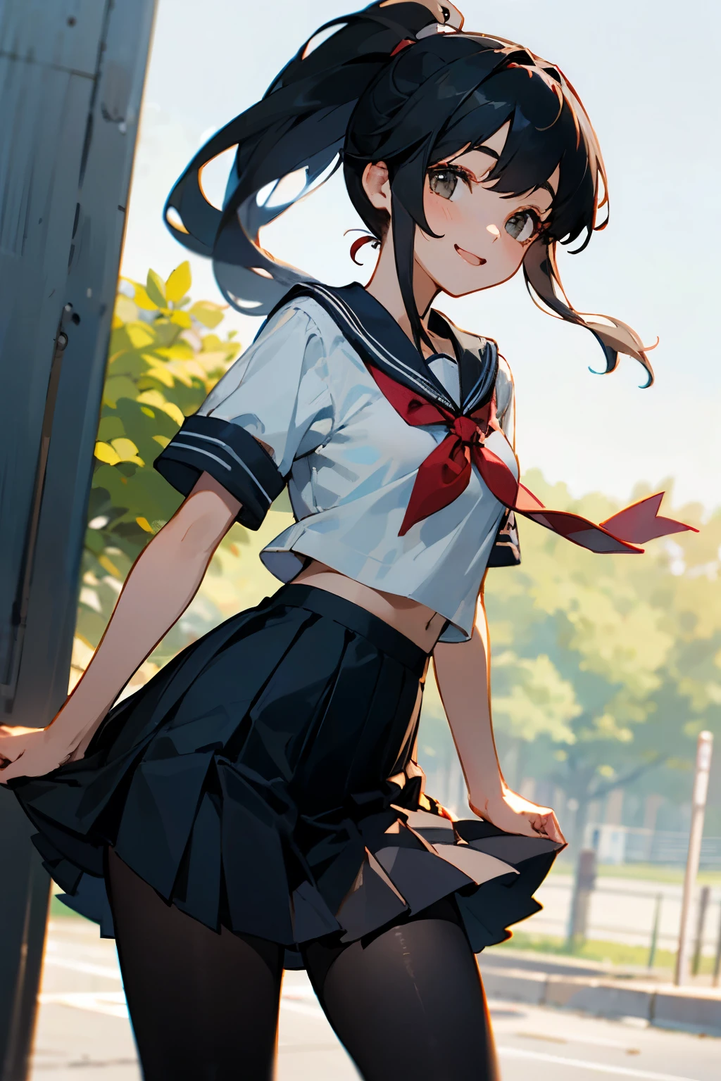 In the best quality、Teenage girl standing outdoors。In high resolution、Beautiful details、Quiet atmosphere。Black hair ponytail、Cute Smile.。Small breasts、Short-sleeved sailor uniform、Pleated skirt、Black tights。