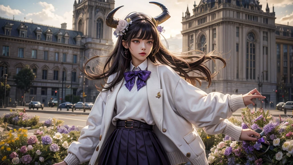 Masterpiece, best quality, height, hmsl1, Horned hat, hair flower, x hair accessories, white sweater, purple jacket, flower, long sleeve, open clothes, Black Bow, Sleeves pass through the wrists., skirt, Cowboy Shot, outdoor, road, stand