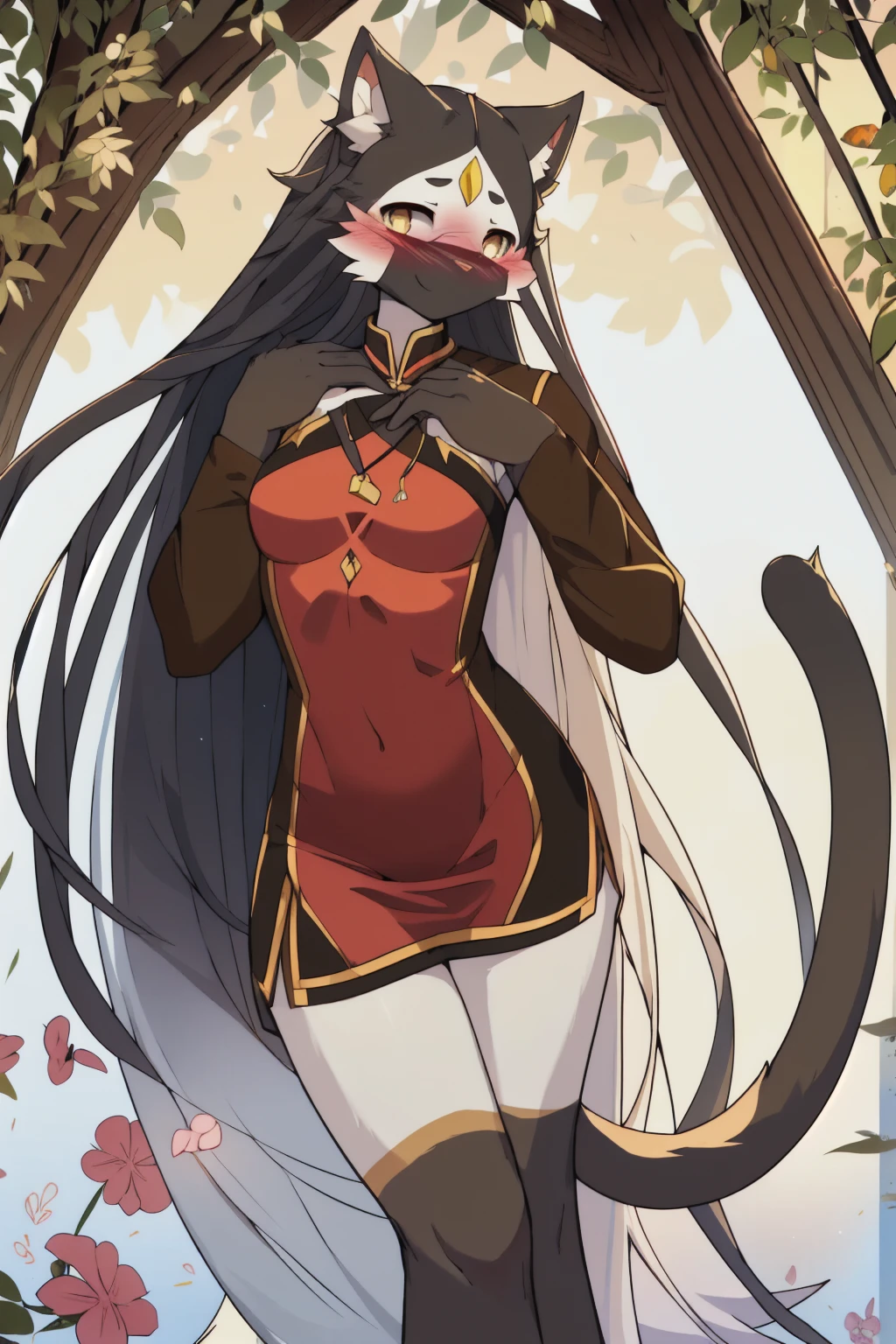 Sunshine, high-resolution, 4K, masterpiece, high-quality, artistic, 19-year-old, (Siamese cat), female, (full body: 1.4, pose: 1.2), cat Furry, (blooming girl: 1.2), furry, (blushing: 1.3, smiling: 1. long hair: 13,: 2), (quiet, gentle), (national beauty and natural beauty, body size 1:5, slender ears: 1.3, cat tail: 1.3), (wearing cheongsam 1:3, B-mask: 1.4), (black ears: 1.2, black brown face: 1.2, white), (black ears: 1.2, black brown face: 1.2, white) Back: 1.2, brown arms: 1.4, white chest: 1.3, white belly: 1.4, yellow pupils: 1.3, brown legs: 1.2, black hands: 1.3, black feet: 1.3), delicate eyes, attention to details, detailed body, (detailed hands: 1.3)