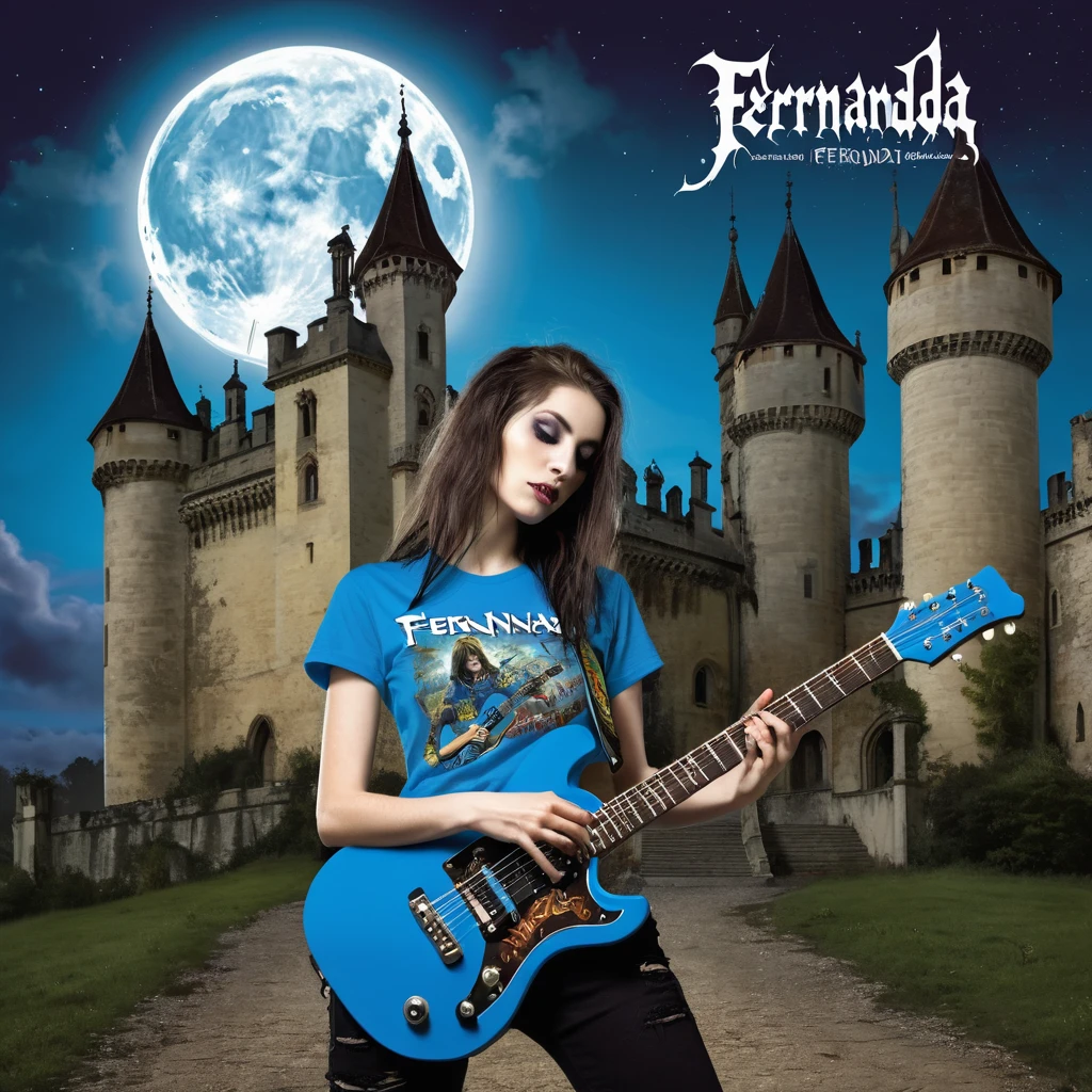 Rocker playing a guitar with a t-shirt with the name "FERNANDA" on it. For a group of ZOMBIES, in the background a Gothic Renaissance castle with a full moon all in bright blue With an "APOLIPTIC DARK" style