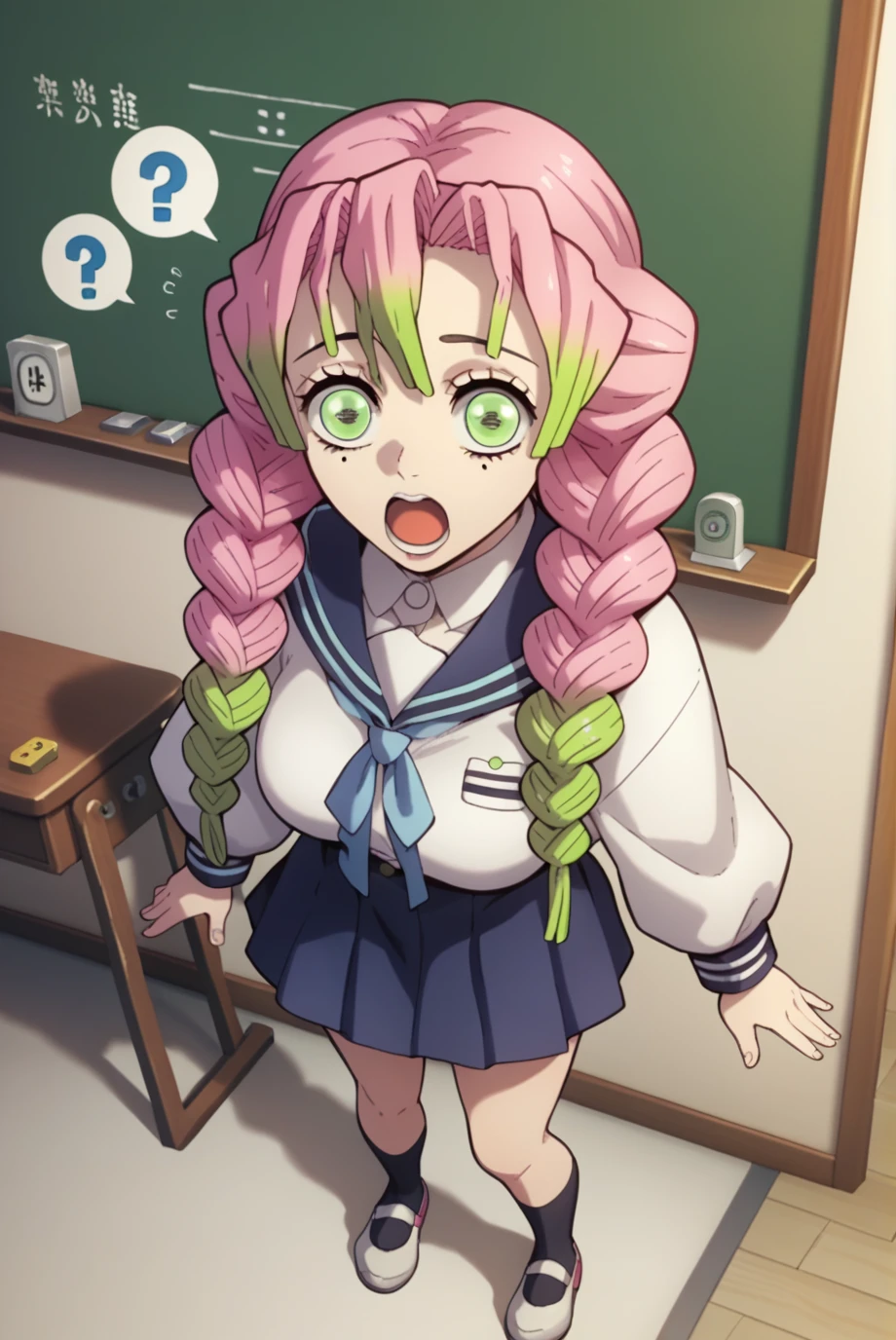 punctuation_9, punctuation_8_High above, punctuation_7_High above, punctuation_6_High above, punctuation_5_High above, punctuation_4_High above, source of breakage_アニメ, 1 girl, standing alone,
Mitsuri copy, long hair, pink  hair, hair green, twin braids, multicolored hair, greeneyes, eyelash, mole under the eye, (gazing at viewer:1.1),
breasts big,
White Seraphim, blue sailor collar, white  shirt, blue scarf, blue skirt, pleatedskirt,
class room, tabletop, blackboard, standing, ssmile, seductively pose, gaping mouth,