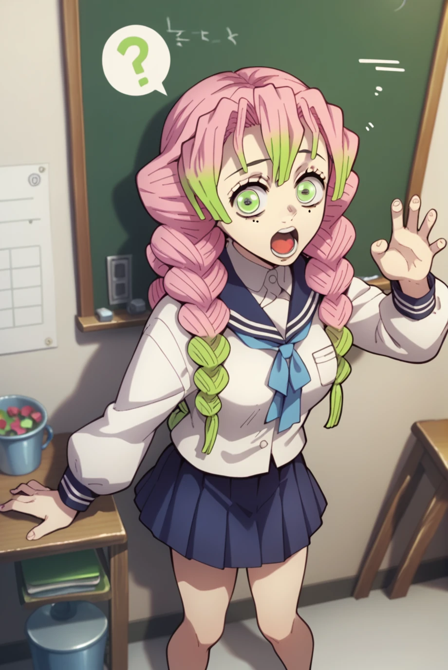 punctuation_9, punctuation_8_High above, punctuation_7_High above, punctuation_6_High above, punctuation_5_High above, punctuation_4_High above, source of breakage_アニメ, 1 girl, standing alone,
Mitsuri copy, long hair, pink  hair, hair green, twin braids, multicolored hair, greeneyes, eyelash, mole under the eye, (gazing at viewer:1.1),
breasts big,
White Seraphim, blue sailor collar, white  shirt, blue scarf, blue skirt, pleatedskirt,
class room, tabletop, blackboard, standing, ssmile, seductively pose, gaping mouth,