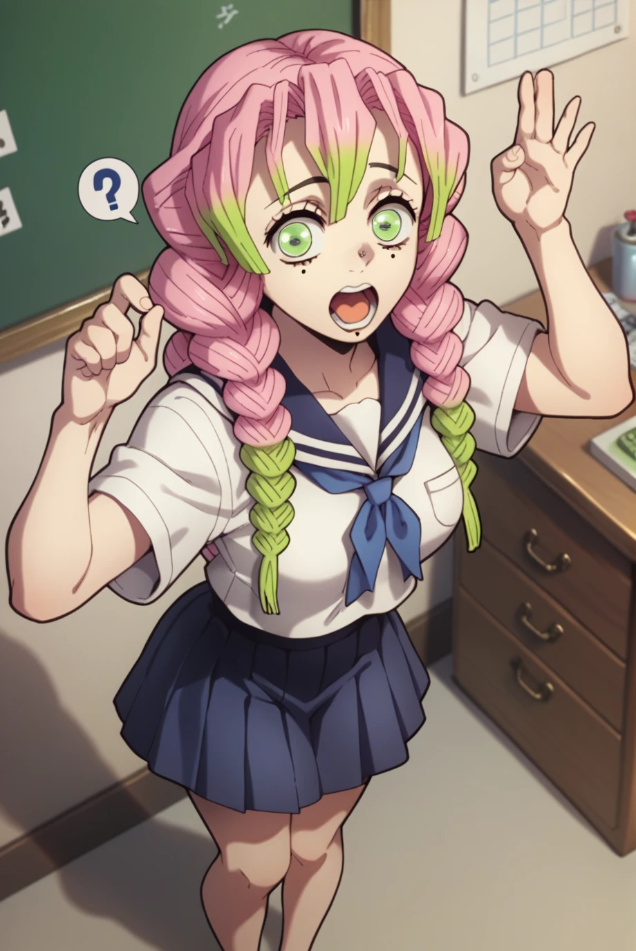 punctuation_9, punctuation_8_High above, punctuation_7_High above, punctuation_6_High above, punctuation_5_High above, punctuation_4_High above, source of breakage_アニメ, 1 girl, standing alone,
Mitsuri copy, long hair, pink  hair, hair green, twin braids, multicolored hair, greeneyes, eyelash, mole under the eye, (gazing at viewer:1.1),
breasts big,
White Seraphim, blue sailor collar, white  shirt, blue scarf, blue skirt, pleatedskirt,
class room, tabletop, blackboard, standing, ssmile, seductively pose, gaping mouth,