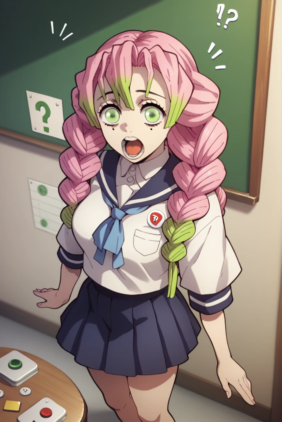 punctuation_9, punctuation_8_High above, punctuation_7_High above, punctuation_6_High above, punctuation_5_High above, punctuation_4_High above, source of breakage_アニメ, 1 girl, standing alone,
Mitsuri copy, long hair, pink  hair, hair green, twin braids, multicolored hair, greeneyes, eyelash, mole under the eye, (gazing at viewer:1.1),
breasts big,
White Seraphim, blue sailor collar, white  shirt, blue scarf, blue skirt, pleatedskirt,
class room, tabletop, blackboard, standing, ssmile, seductively pose, gaping mouth,