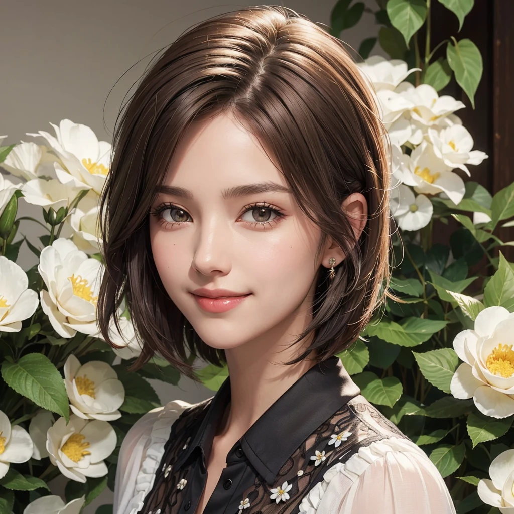 A lady, very short hair, with the parting of the hair to the side, It is brown with some white gray hair., Brown eyes, smiling, has a maternal aura, He is of medium build, she has a blouse with flowers, close up image for profile photo