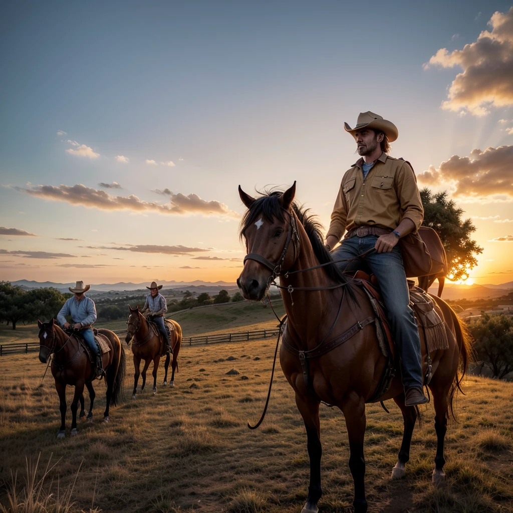 Create an image of an orange sunset on a hill, with cowboys with horses riding on the hill. escureça os cowboys e os cavalos