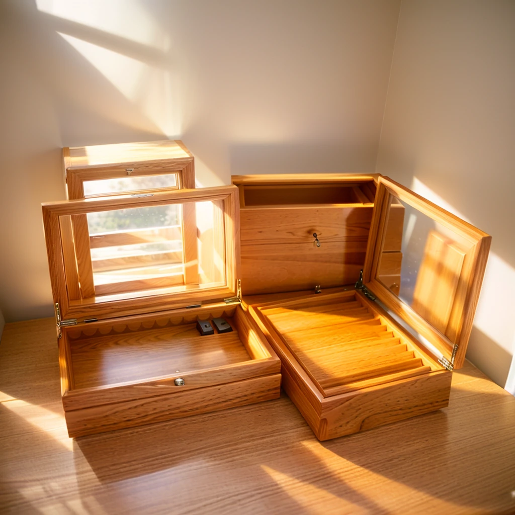 In this cozy room，A ray of sunlight shone through the half-drawn curtains on the table，Let the wood grain on the watch storage box shine with a faint luster。There was a calm and peaceful atmosphere in the air around them。There are several still lifes hanging on the walls of the room，It adds a touch of elegance to the space。And on the other side of the room，The half-open window lets in the breeze，The pages on the small desk by the window turned in the wind，This quiet scene gives a sense of tranquility and comfort。

