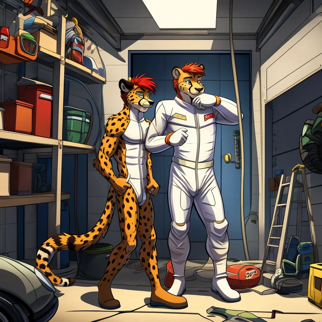 generate me an 8k, high resolution, best quality, perfect lighting, perfect shadows, image of a male 16 year old cheetah furry with red hair.  zipping up a white tyvek suit.  inside a garage.  cartoon illustration style, in the style of Temiree.