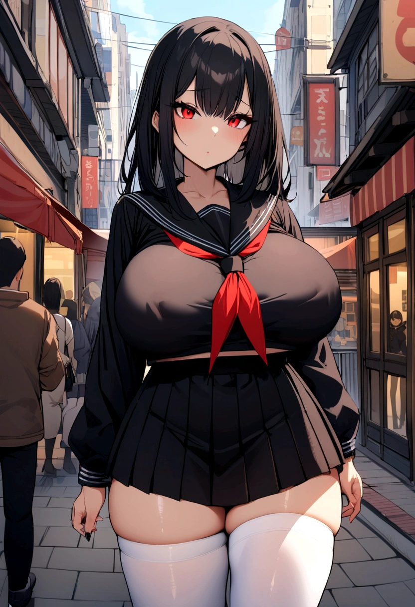 a girl with long black hair, light skin, red eyes, big sized tits wearing a black sailor fuku and white stockings while standing in the middle of the city.
